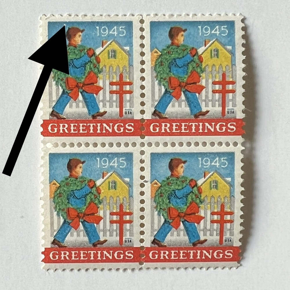 ERROR 1945 CHRISTMAS SEAL BLOCK WITH WHITE DOT ABOVE HEAD MNH