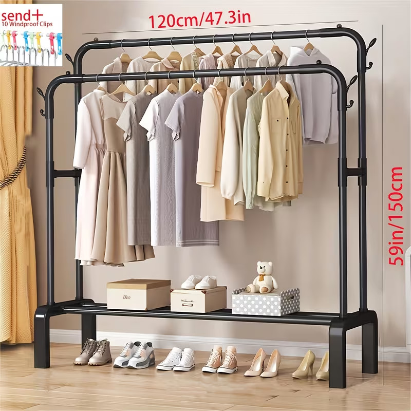 A Double-Bar Clothes Drying Rack with a Bottom Shelf
