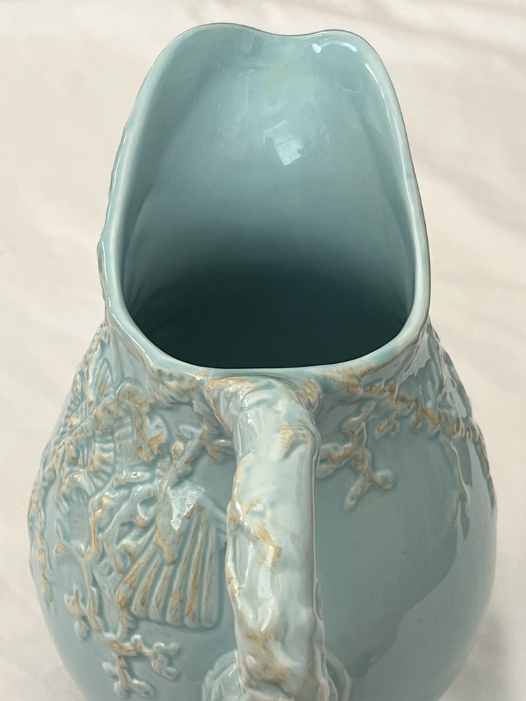 Blue Sky Clayworks Seashell Pitcher Distressed Blue Ceramic 8" Tall 2007