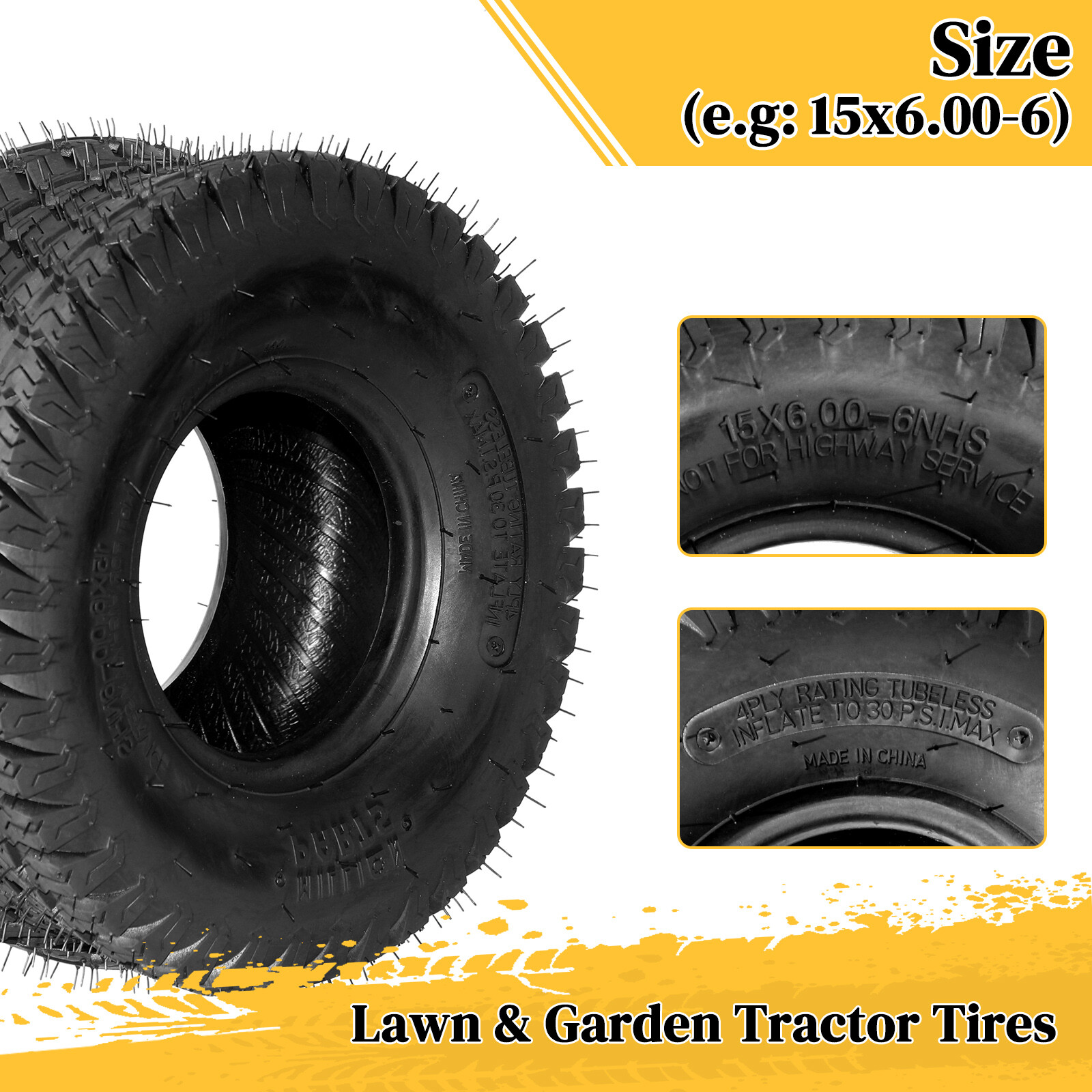 Two 15x6.00-6 Turf Tires Lawn Mower Tractor 4 Ply Rated 15x6-6 Tubeless 570Lbs
