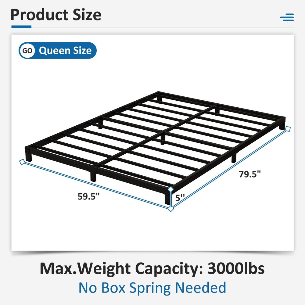 5 Inch Low Queen Bed Frame Heavy Duty Metal Platform, No Box Spring Needed, E...