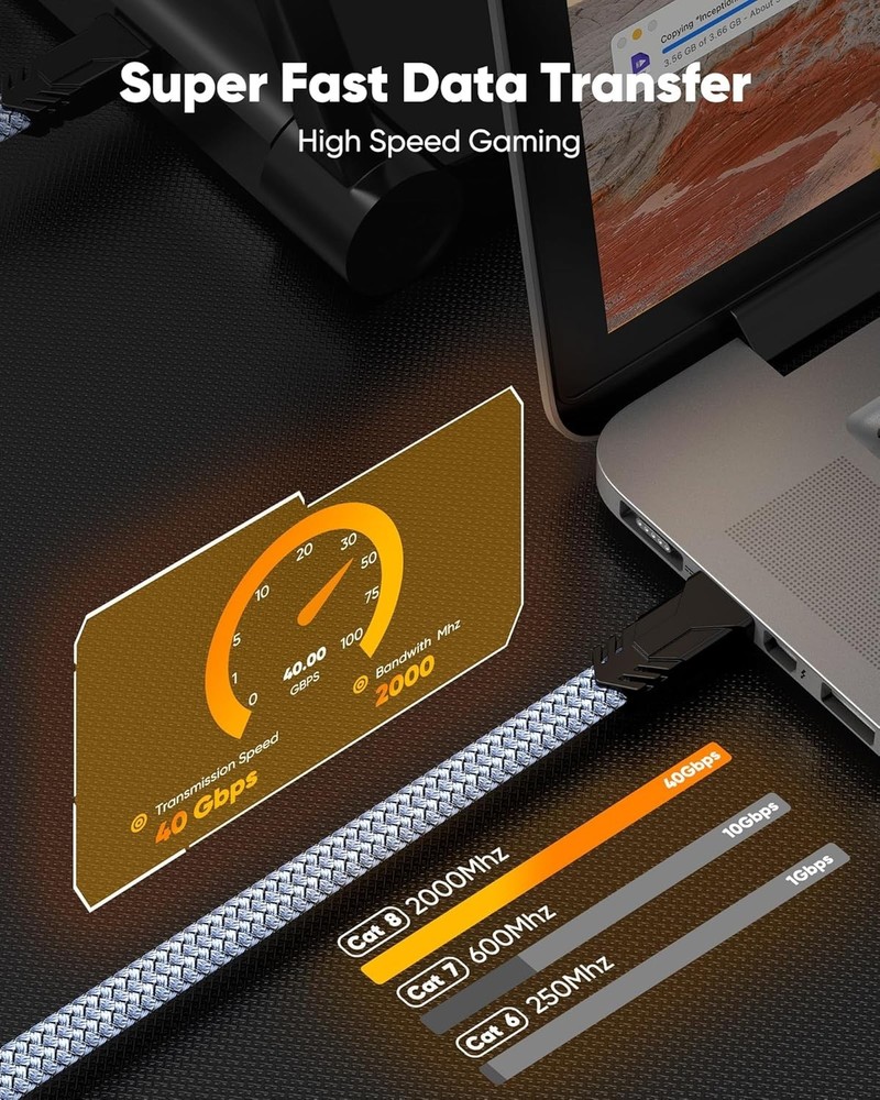 High Speed 80ft Cat 8 Ethernet Cable, 2000MHz Braided Flat Patch Cord