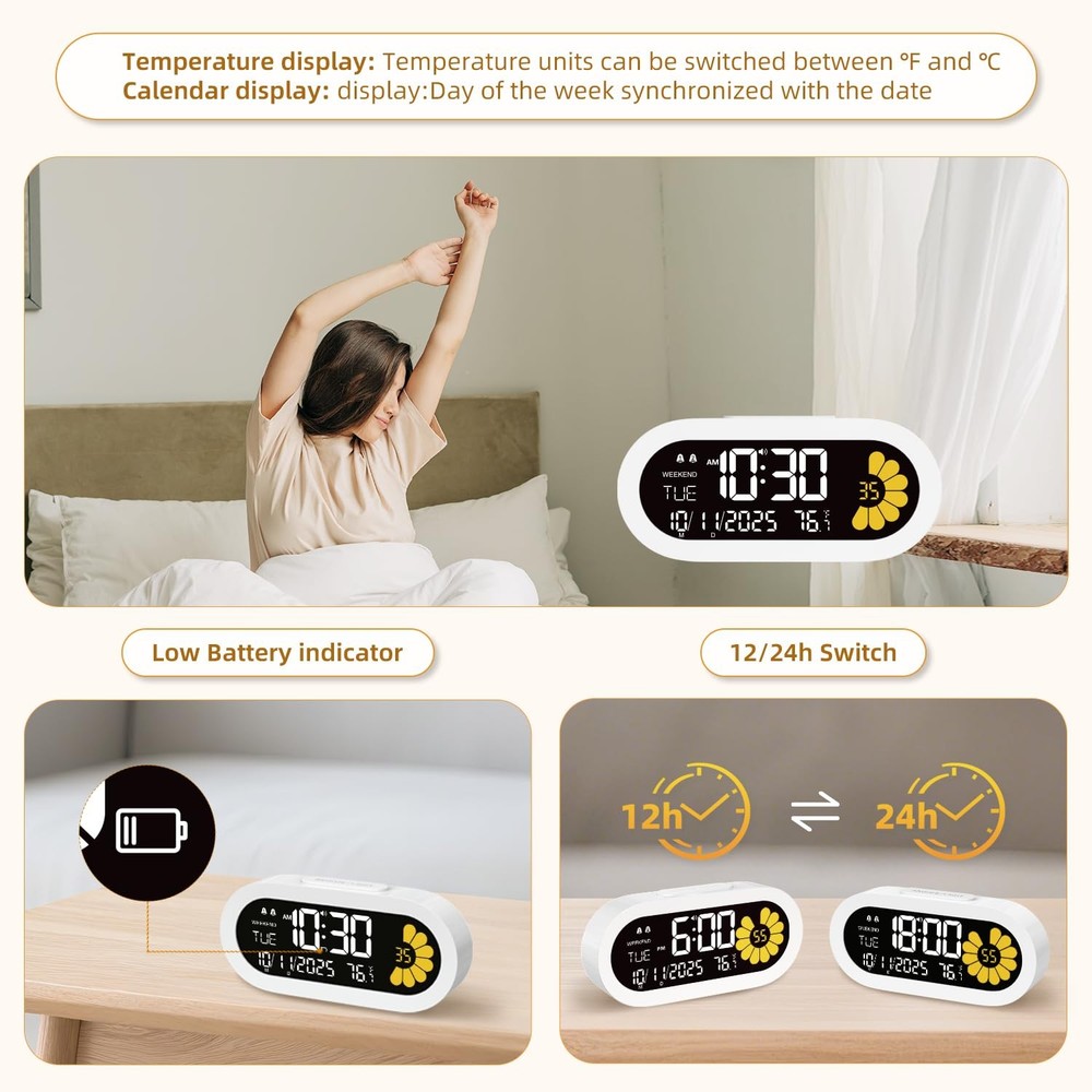 Digital Alarm Clock: VA LCD and Visual Flower Second Desk Clock Large Display...
