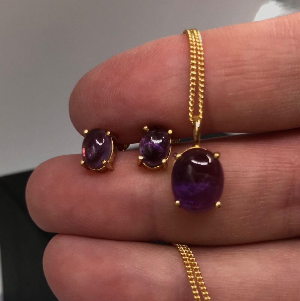 Amethyst cabochon set, stud earrings, pendant, gold on solid sterling silver.