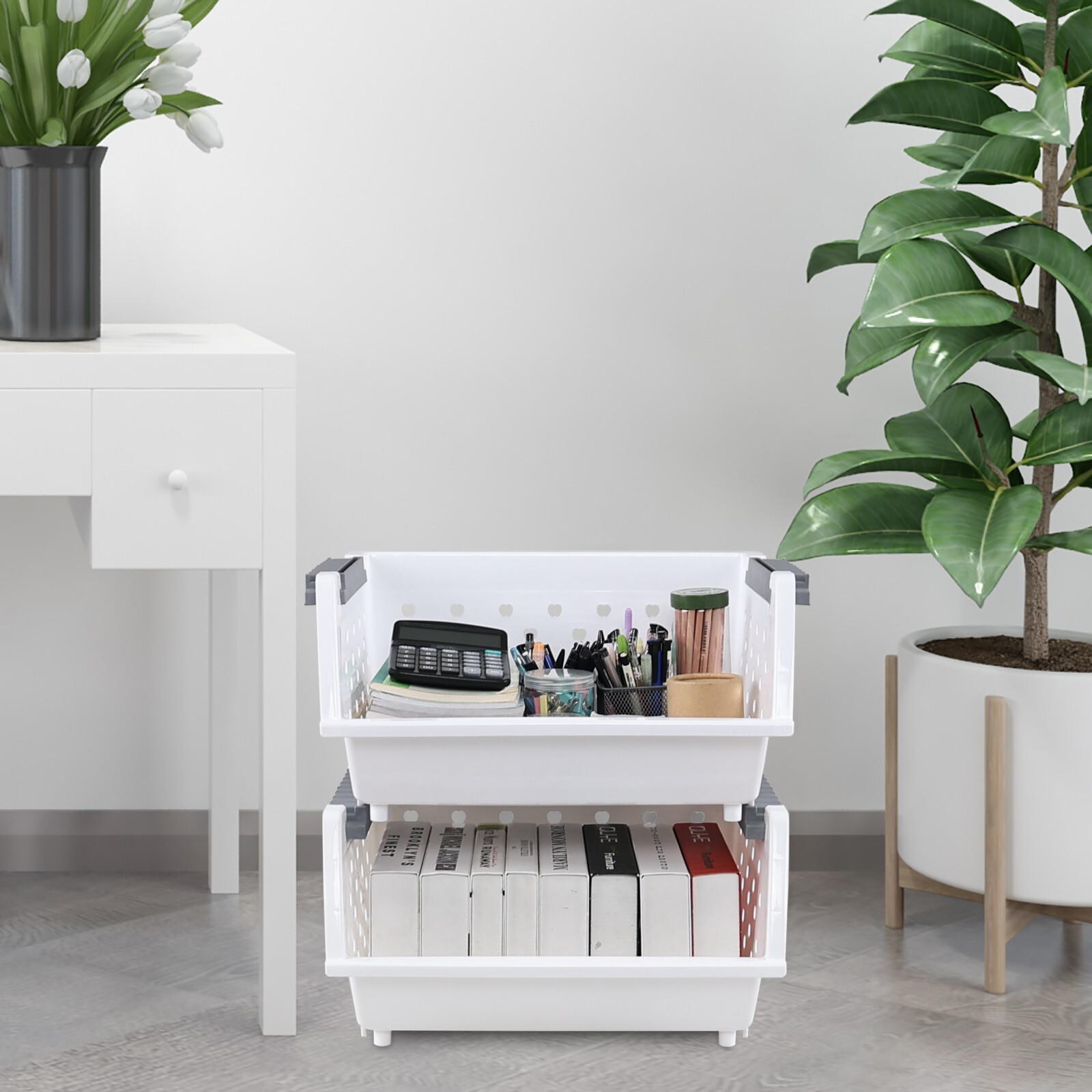 Cand Stackable Plastic Bins - 4 Packs White Large Plastic Stackable Storage Bins