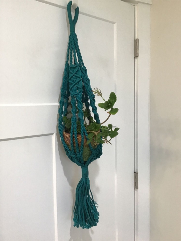 Vintage Dark Teal Planter Hanger Macrame 37"