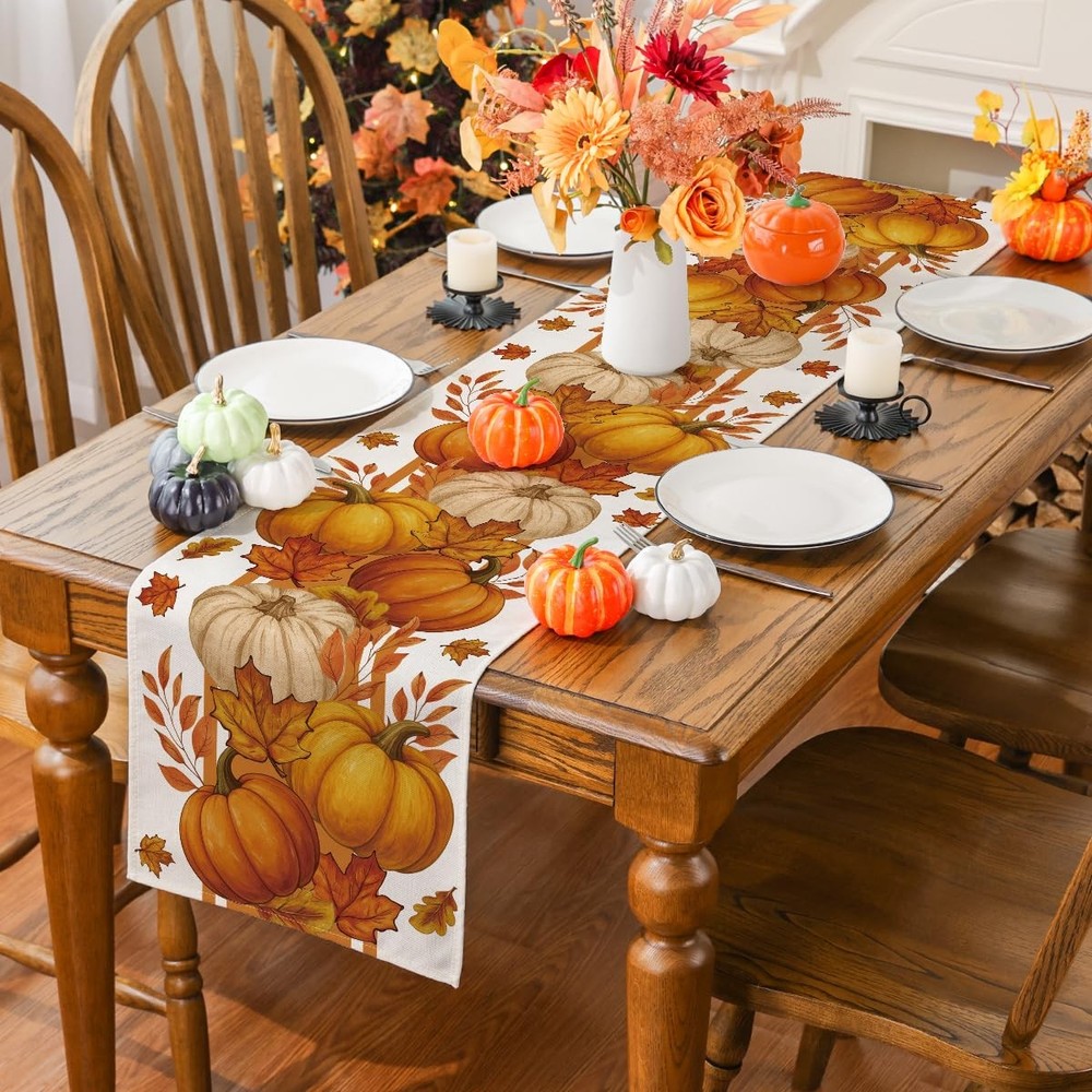 Fall Table Runner, Maple Leaf Orange Pumpkin Table Runner Seasonal Autumn Tha...