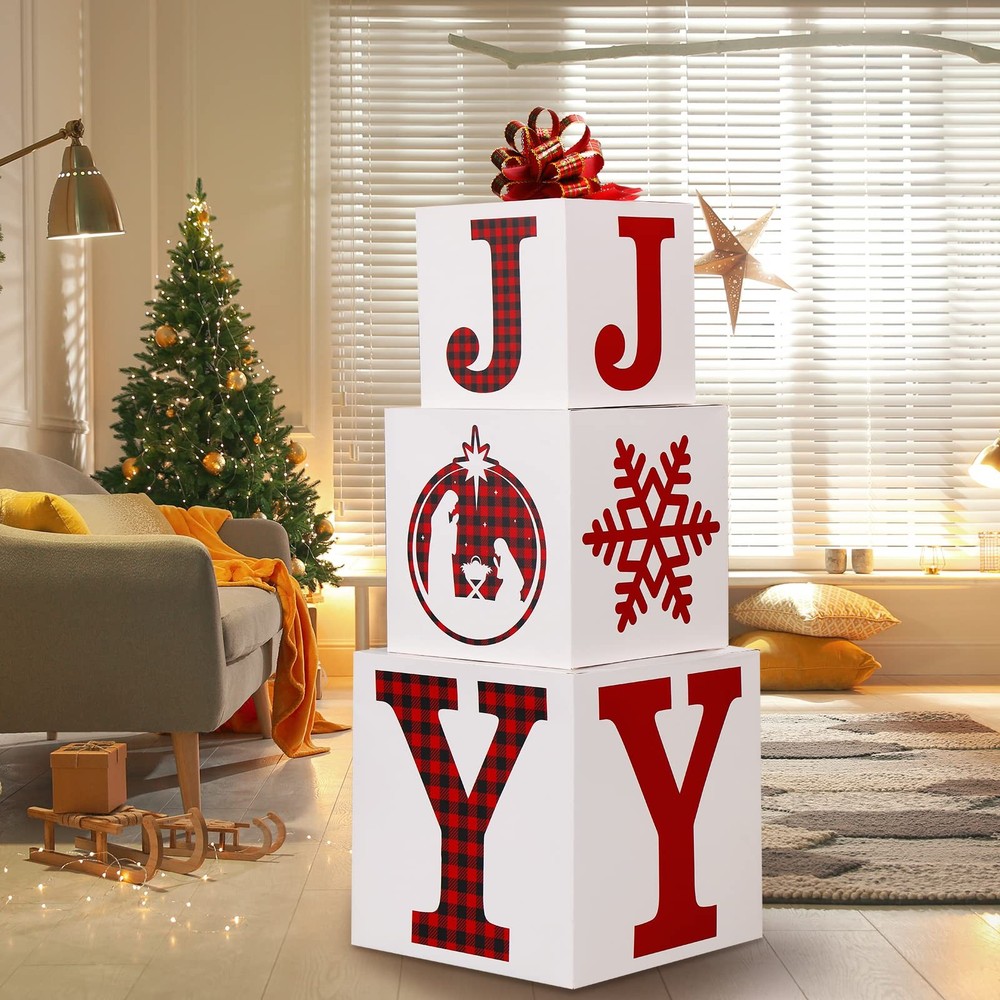 4 PCS Merry Christmas Joy Boxes Decorations Large Stackable Nesting Gift