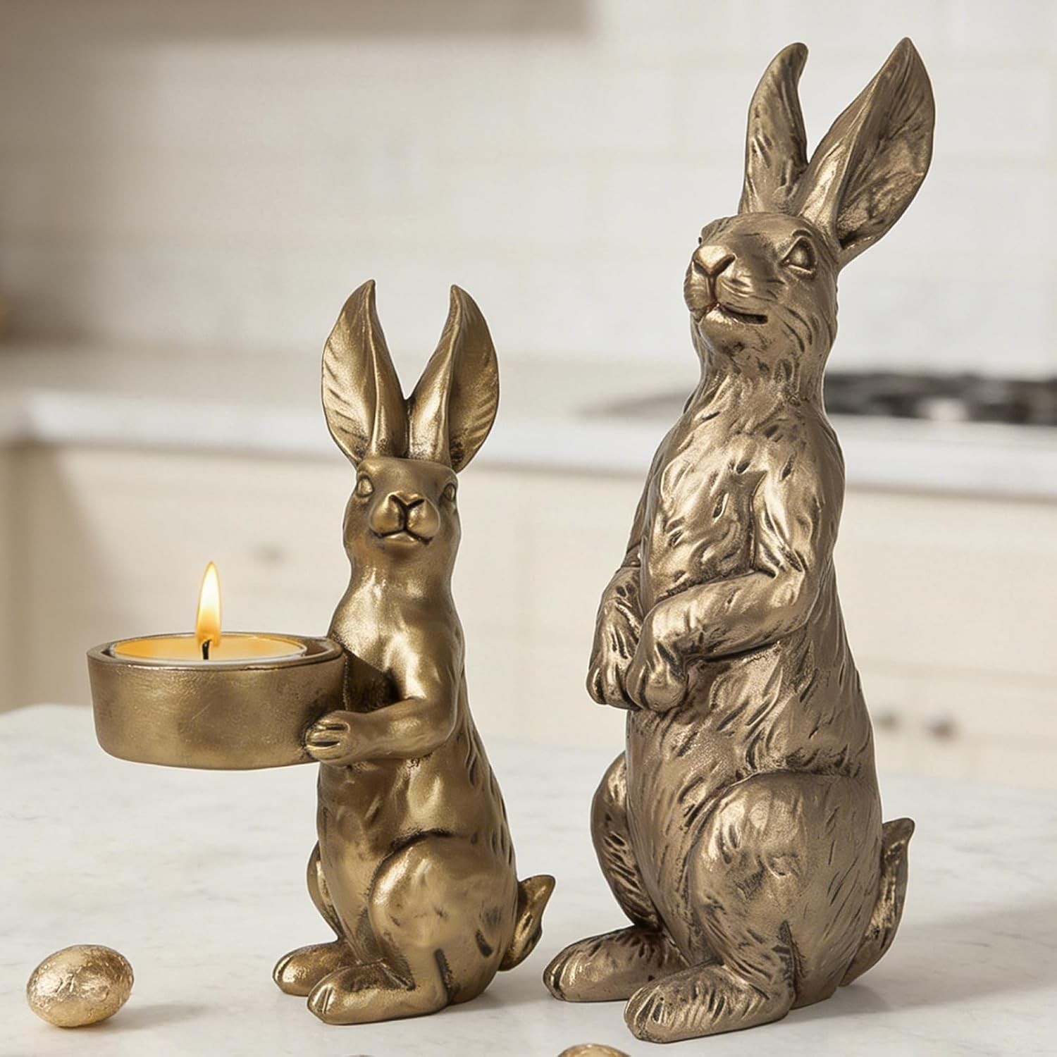 Golden Easter Bunny Figurines Set of 2, Gilded Resin set of 2 Gold Bunny
