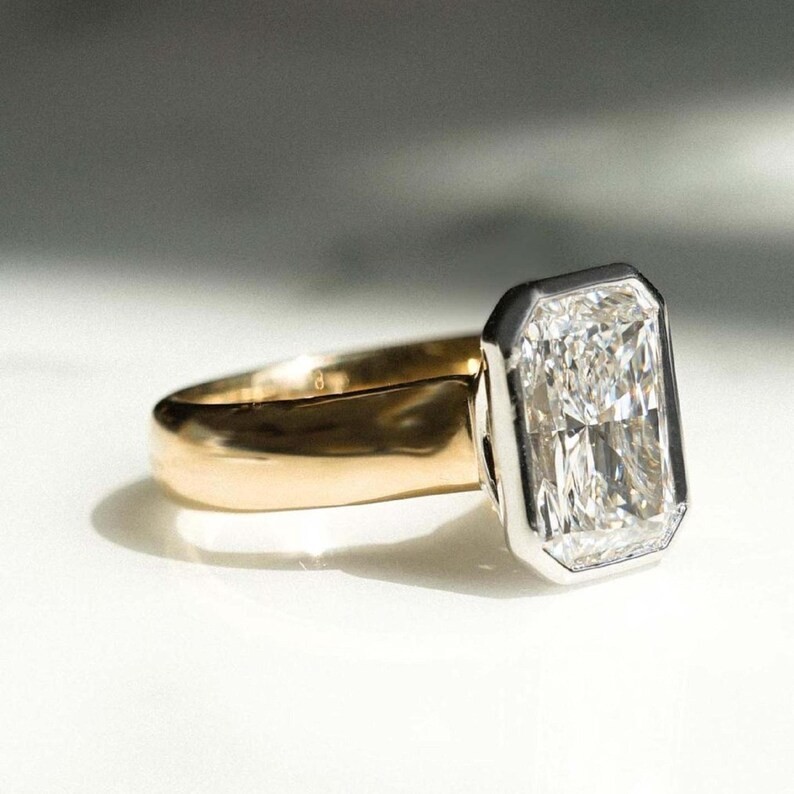 Radiant Cut Solitaire Engagement Ring Bezel Set Bold Statement Wide Band Ring