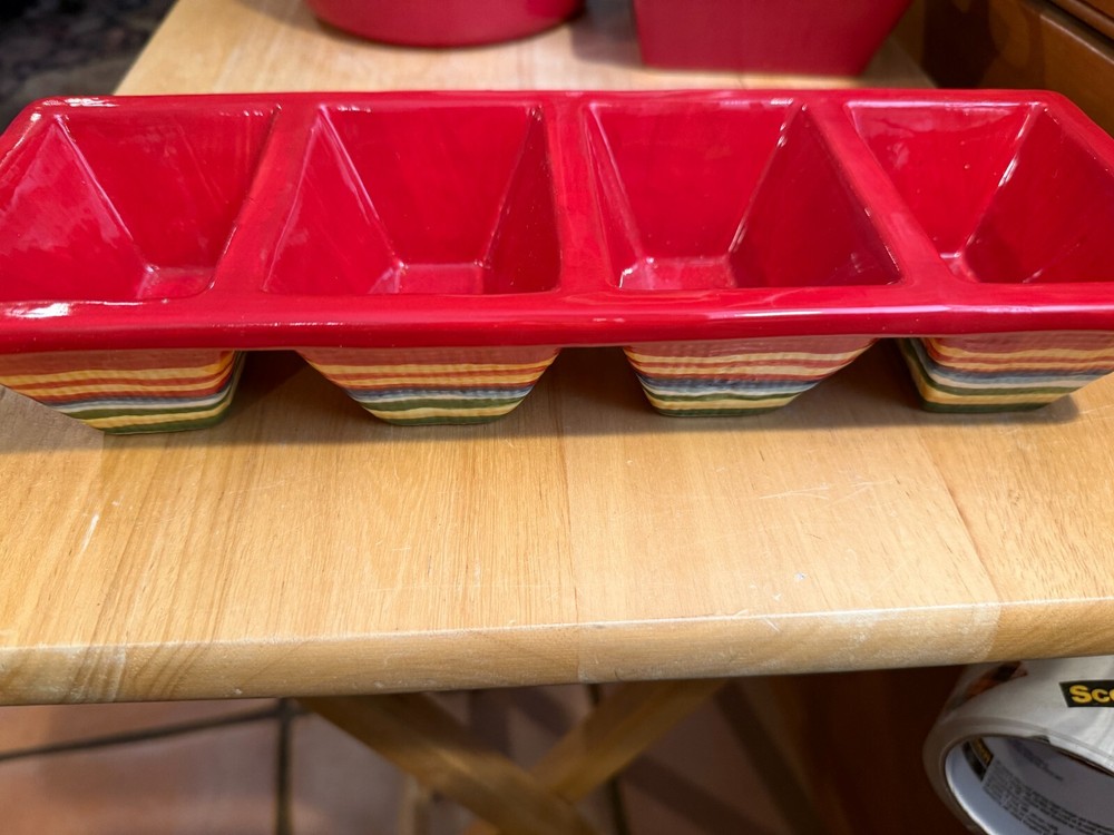 Ceramic Serving Dish/ Condiments 4 Sections 12" X 4" X 2" AVON RED STRIPED