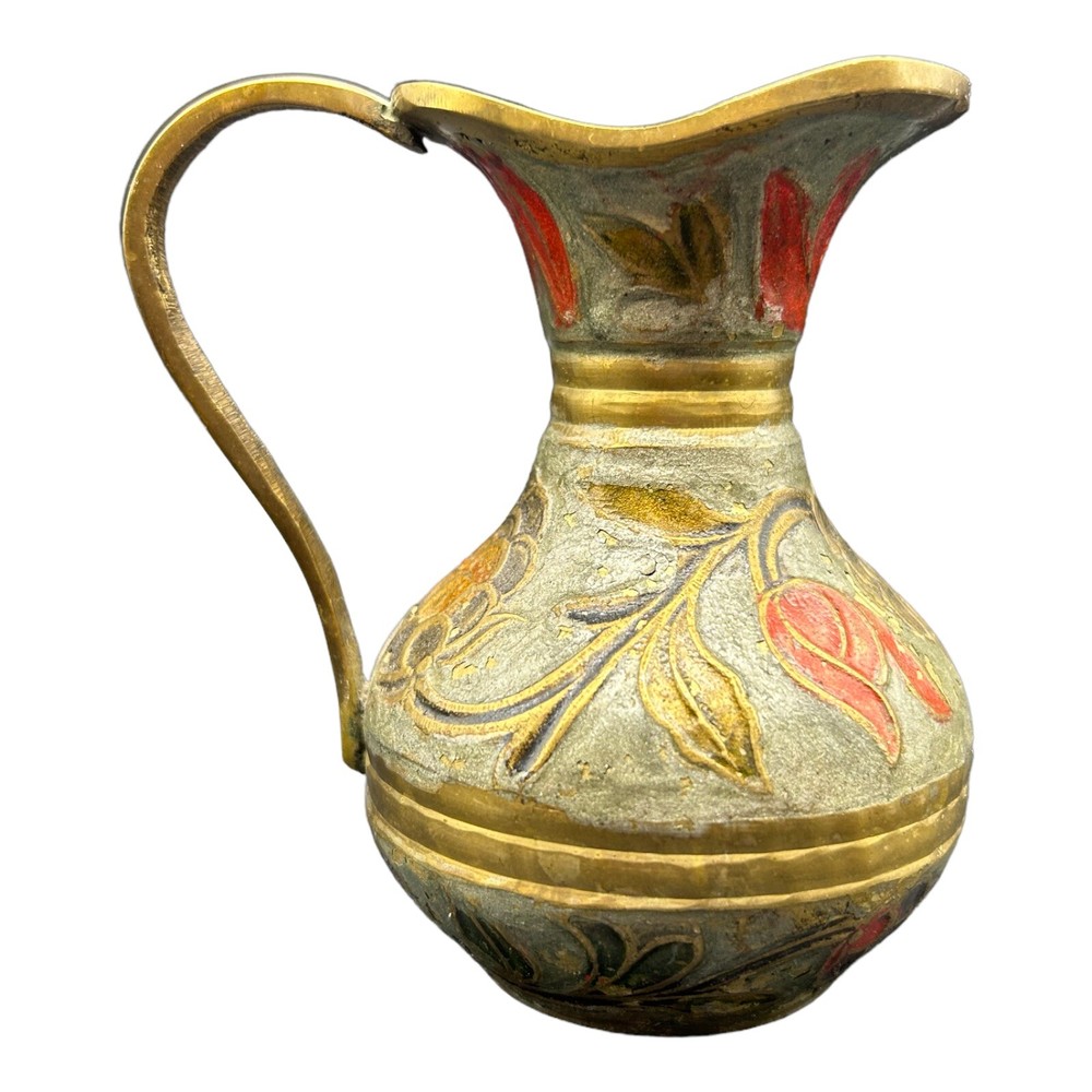 Vintage Solid Brass Enamel Cloisonne Champlevé Indian Jug Vase Pitcher 4"