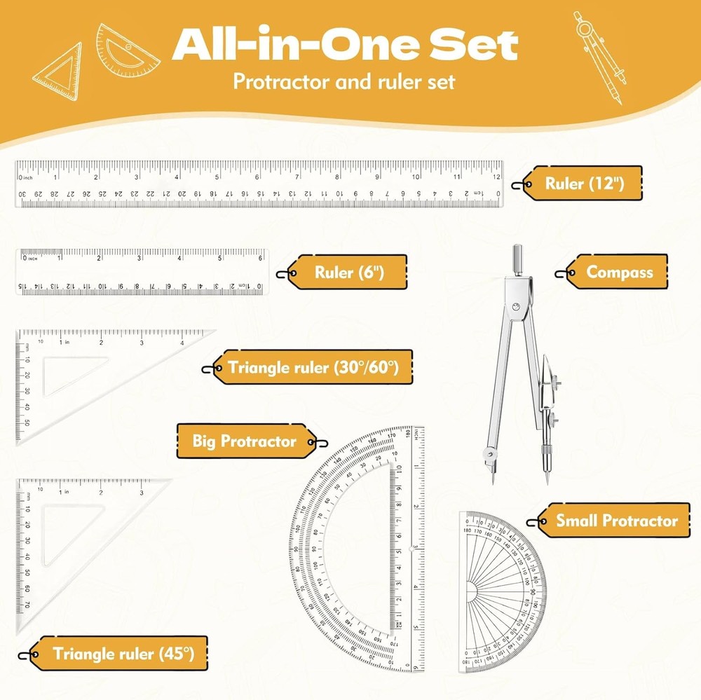 Geometry Set - 7Pcs Geometry Kit with Clear Plastic Ruler 12Inch & 6Inch,