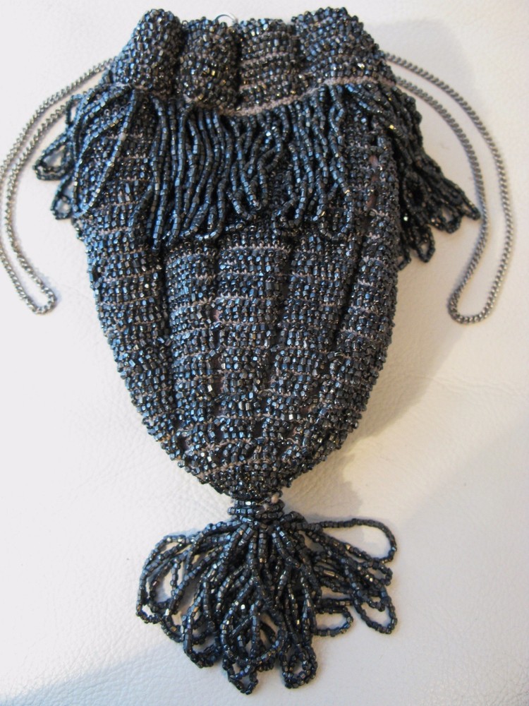 Antique Art Deco Crochet Silver Grey Bead Lined Chain Drawstring Flapper Purse
