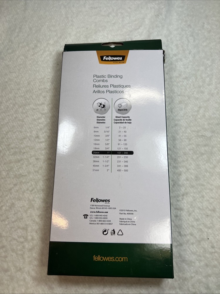 Fellows Plastic Binding Combs 1” 10 Per Package CRC52383