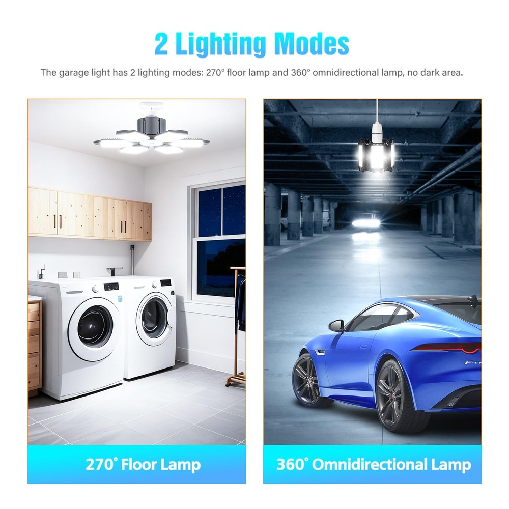 150W LED Garage Lights, 15000LM, 6 Deformable Panels, E26/E27 for Workshop