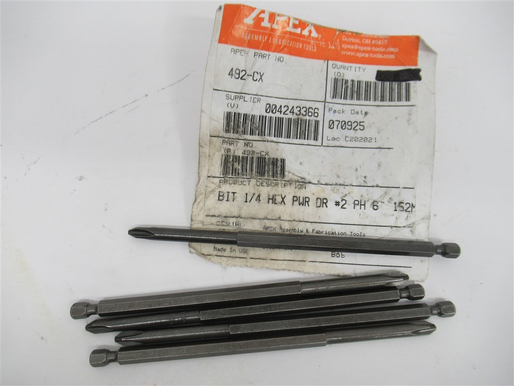 Apex 492-CX , #2 Phillips 1/4" Hex Power Drive Bit , 6" OAL (PK 5)