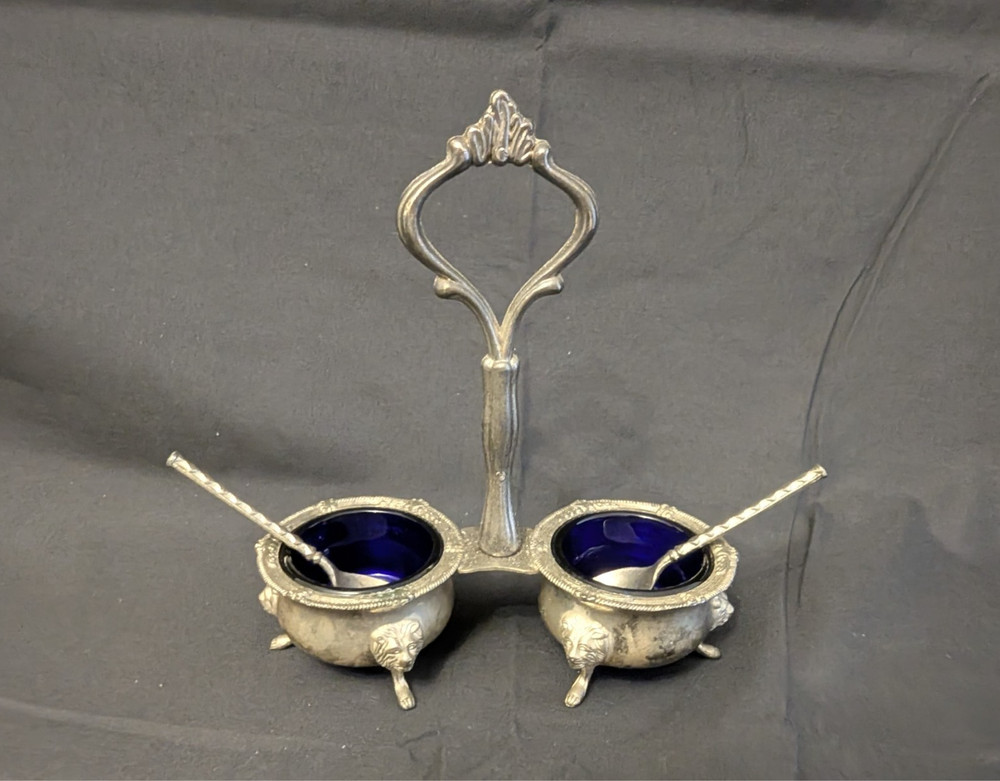Vtg Silver plate Salt & Pepper Cellar COBALT BLUE GLASS Footed LION HEADS (S1)