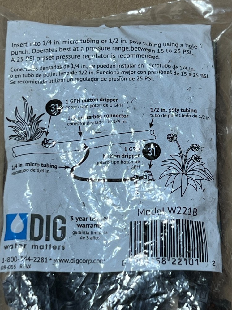 25-Pack DIG 1 GPH Turbulent Flow Button Dripper W221B