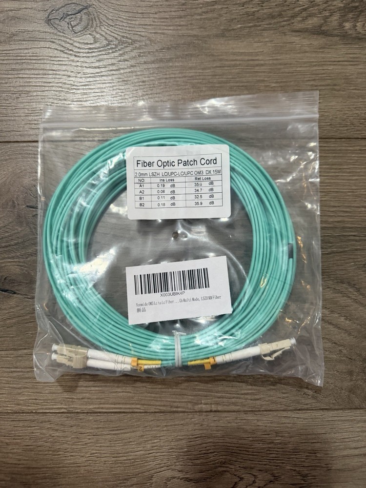 OM3 LC to LC Fiber Optic Patch Cable 15m LSZH Multimode Duplex – New
