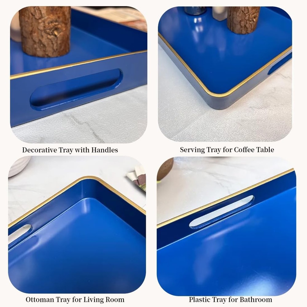 Navy Blue Serving Tray with Handles, Rectangular Decorative Tray for Coffee T...