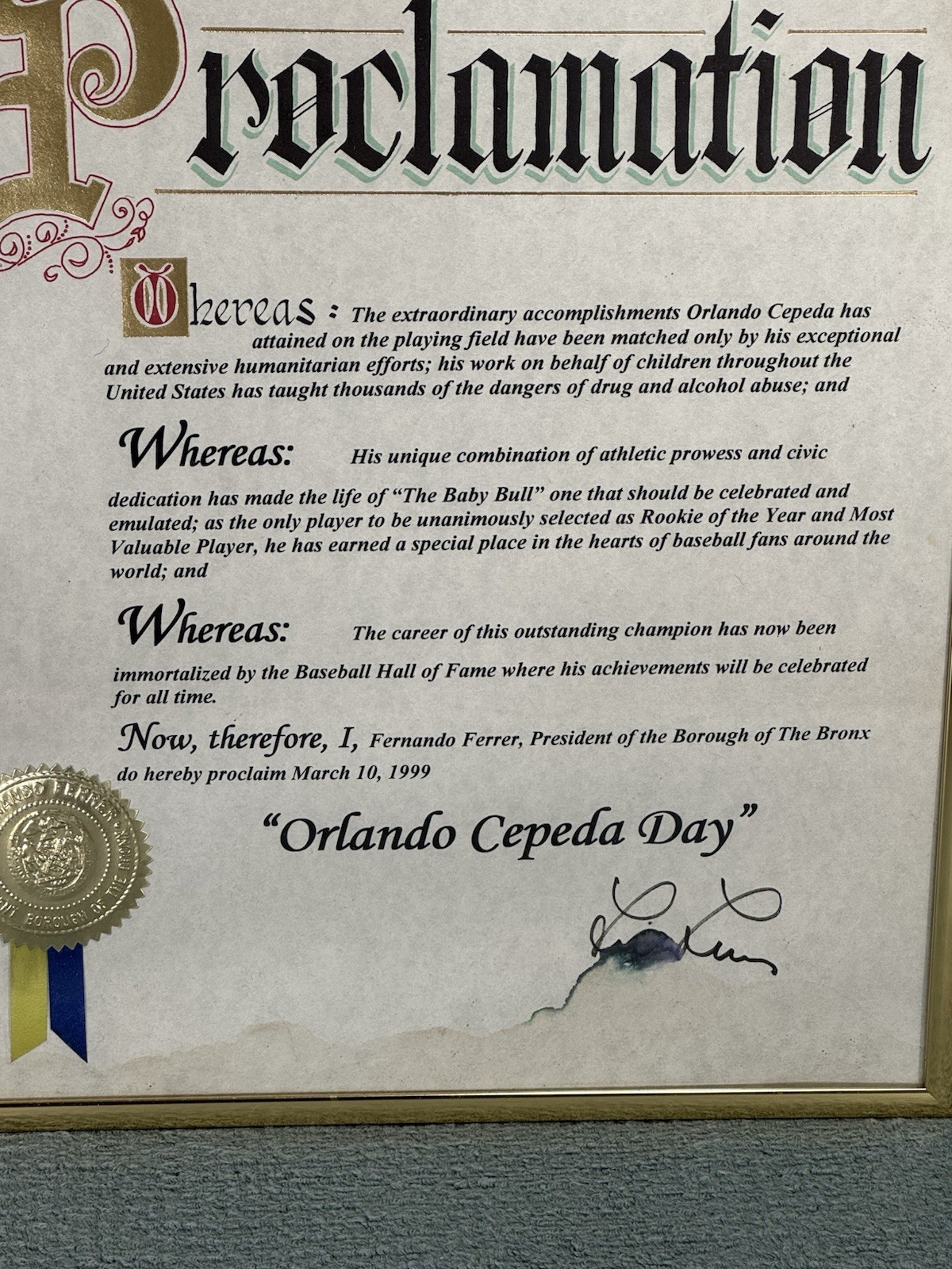 Orlando Cepeda Personally Owned Bronx Proclamation Hall of Fame Induction 1999