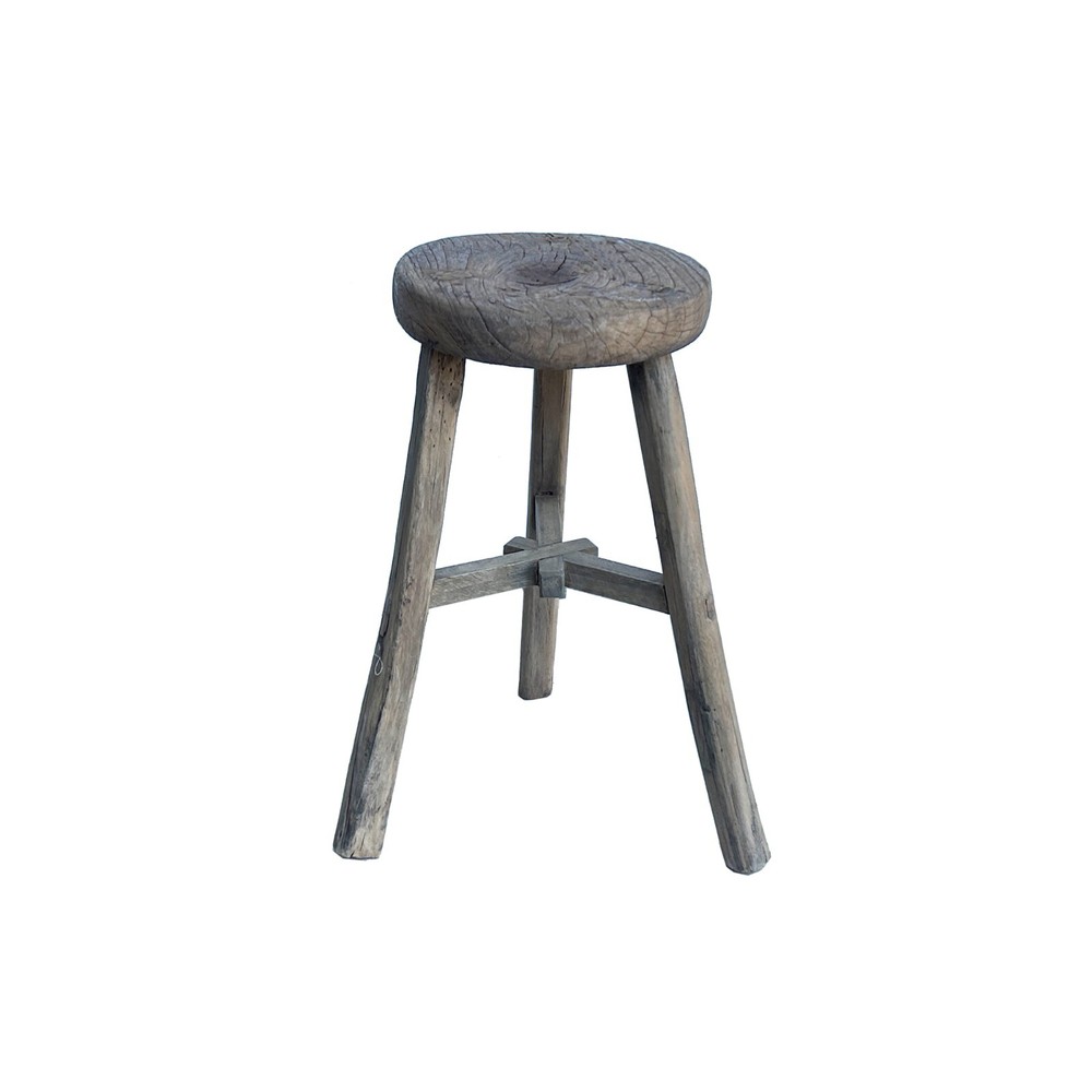 Rustic Raw Rough Wood Grain Round Top Tri-Legs Stool Side Table ws4573