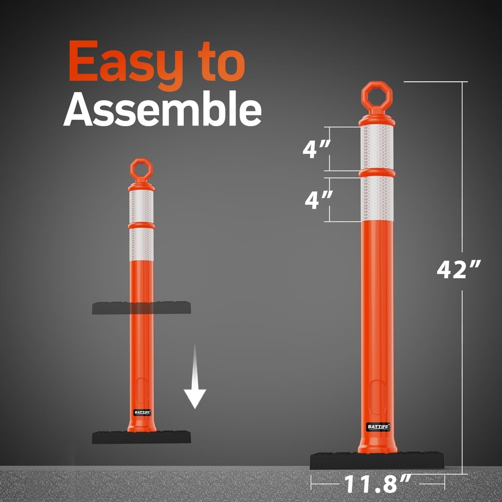 6 Pack 42 Inch Orange Traffic Delineator Posts with Reflective Collars and Ba...
