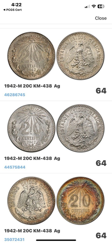 1942-M Mexico SILVER 20 Centavos PCGS 💎💎💎MS64 Gold Shield💎💎💎