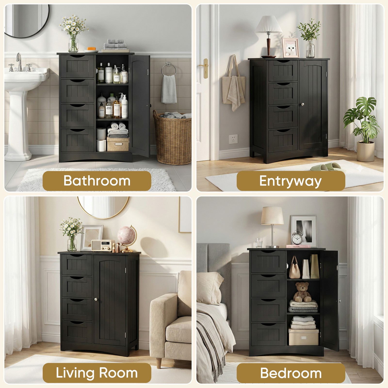 Bathroom Floor Storage Cabinet w/4 Drawers Adjustable Shelves Freestanding Black