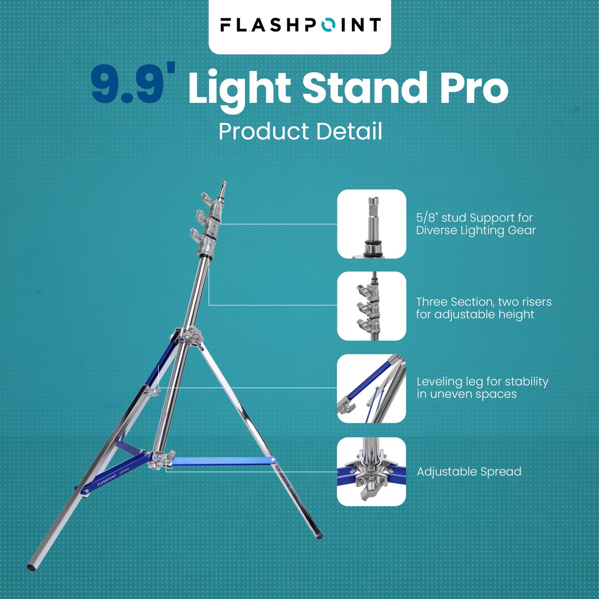 Flashpoint Flashpoint 9.9ft Steel Light Stand Pro with Leveling Leg, Silver, Max