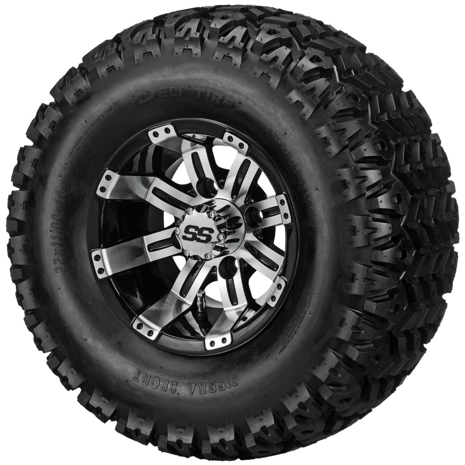 (4) Golf Cart 22x11-10 Sierra Sport Tires on 10x7 Black/Machined Tempest Wheels