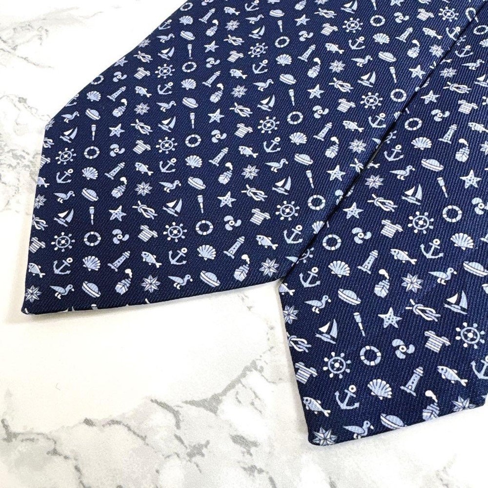 HERMES Tie Full Marine Monogram Pattern Navy Blue