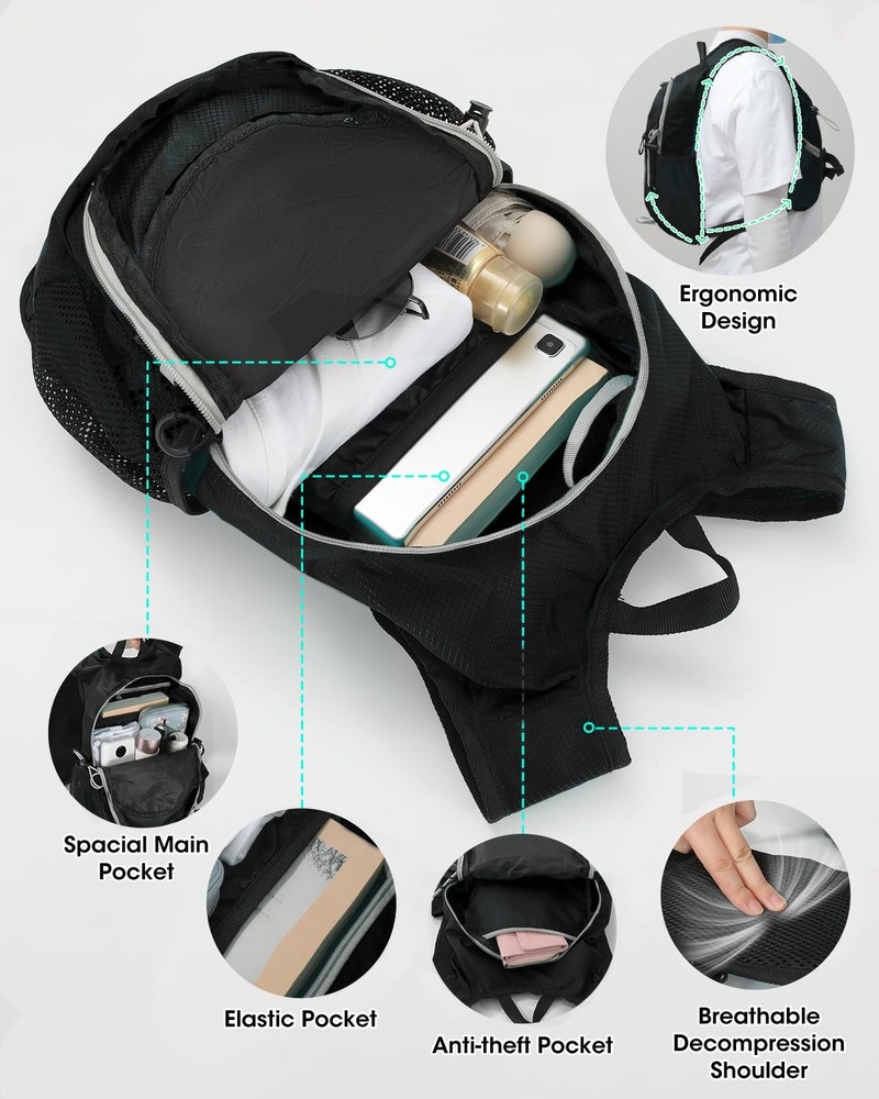 Small Hiking Backpack with Front Holder, Packable Back pack with Chest and Wa...