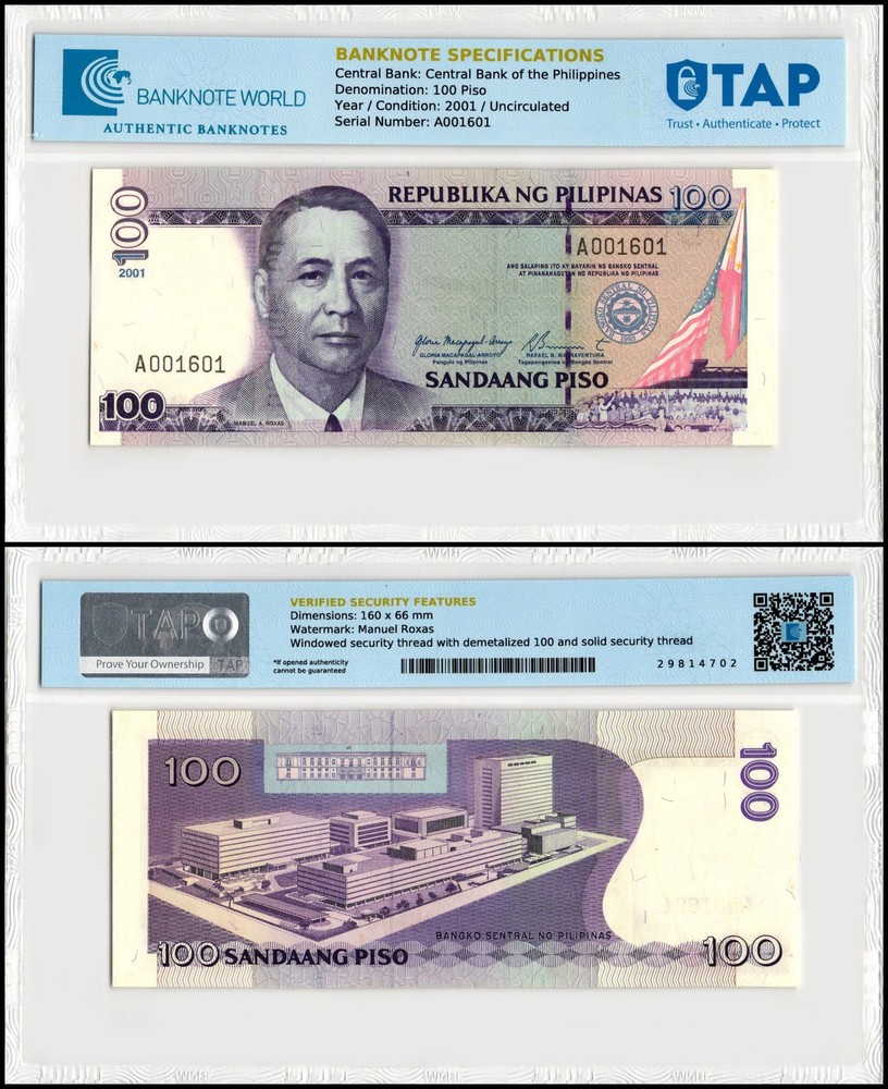 Philippines 100 Piso, 2001, P-194a.1, UNC, TAP Authenticated