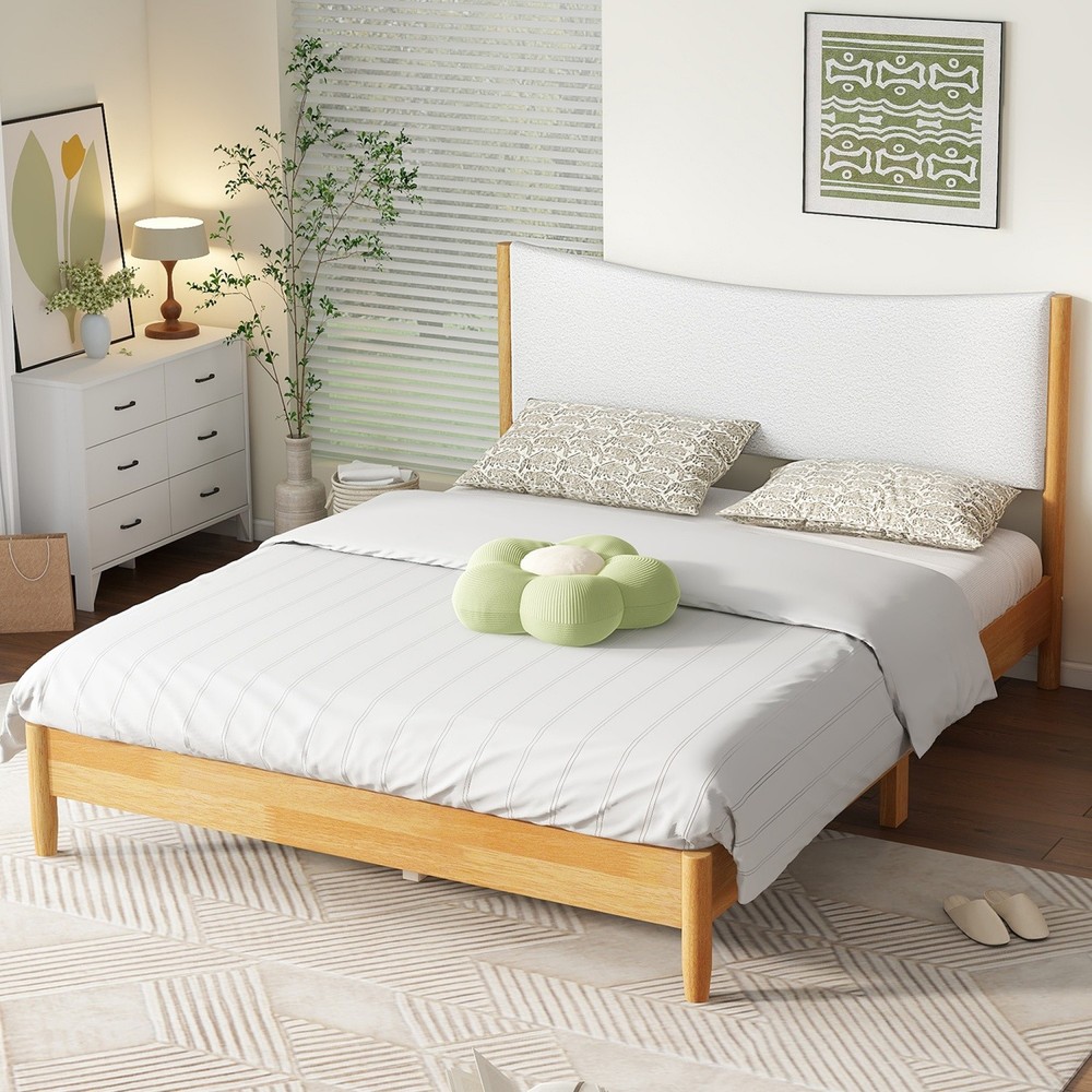 Queen Size Solid Wood Platform Bed Frame w/ Upholstered Headboard Natural