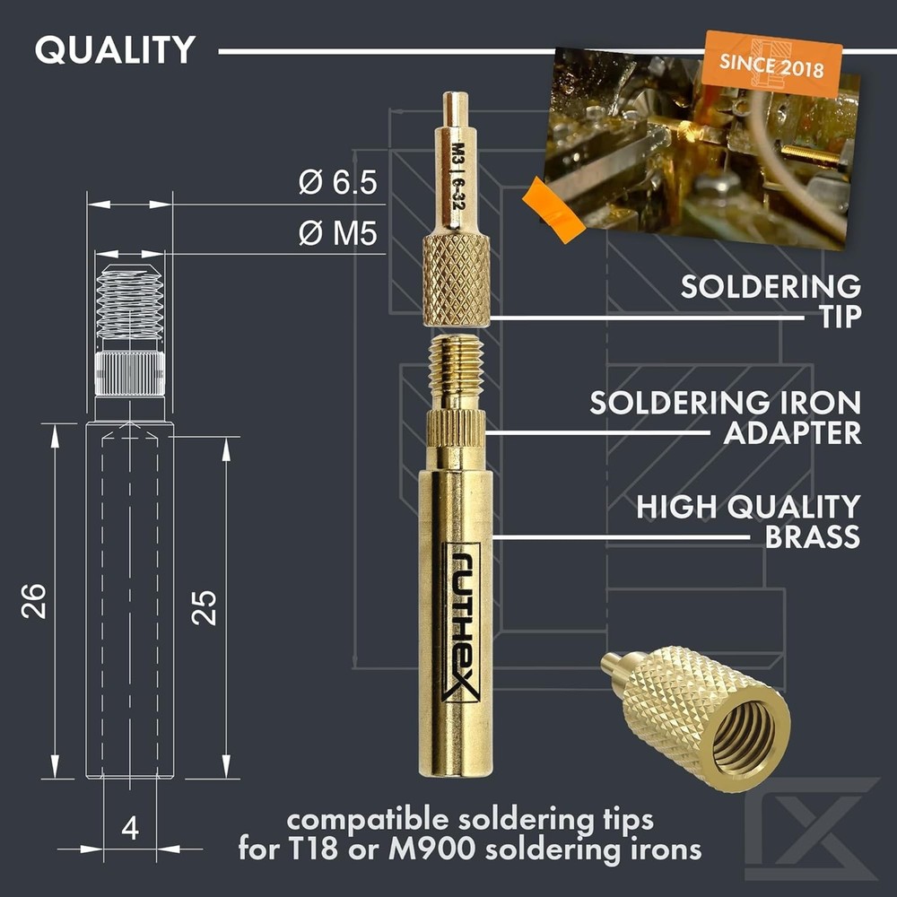 Brass Thread Insert Soldering Tips Kit - 7 Pieces with Quick-Change Adapter
