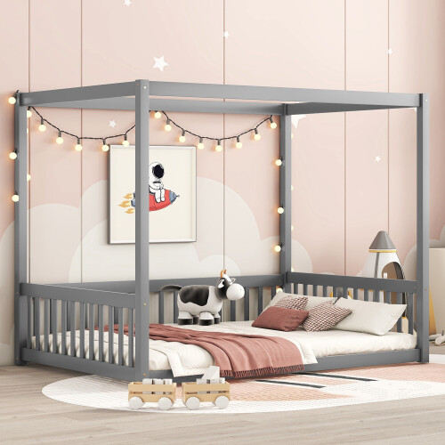 Twin Full Size Floor Bed w/ Fence Kids Canopy Platform Bed Solid Wood Bed Frames