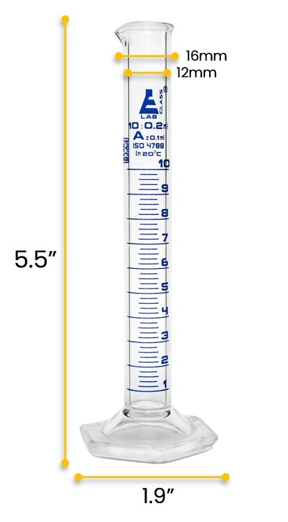 Eisco Labs 10ml Graduated Cylinder, Class A - Blue Graduations, Hexagonal Base