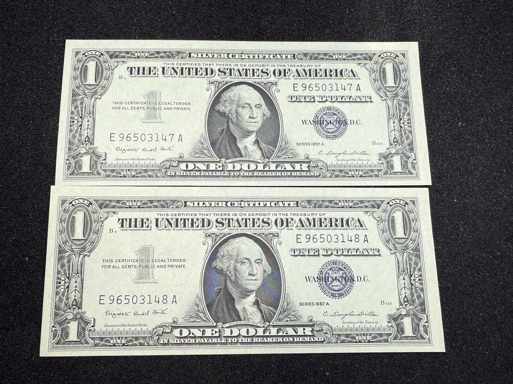 2- CONSECUTIVE 1957 A SILVER CERTIFICATES **NICE UNC   **- FREE SHIP! Z93