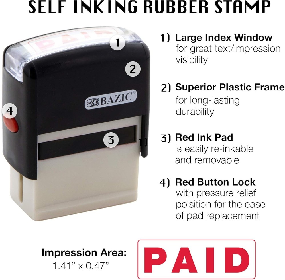BAZIC Paid Self Inking Rubber Stamp (Red Ink), 1-Pack, Ink)