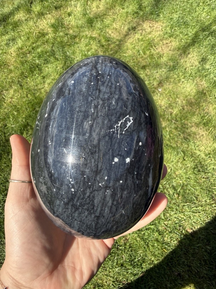 Large Gray Black Heavy Stone Polished Egg 6” With Brass Base
