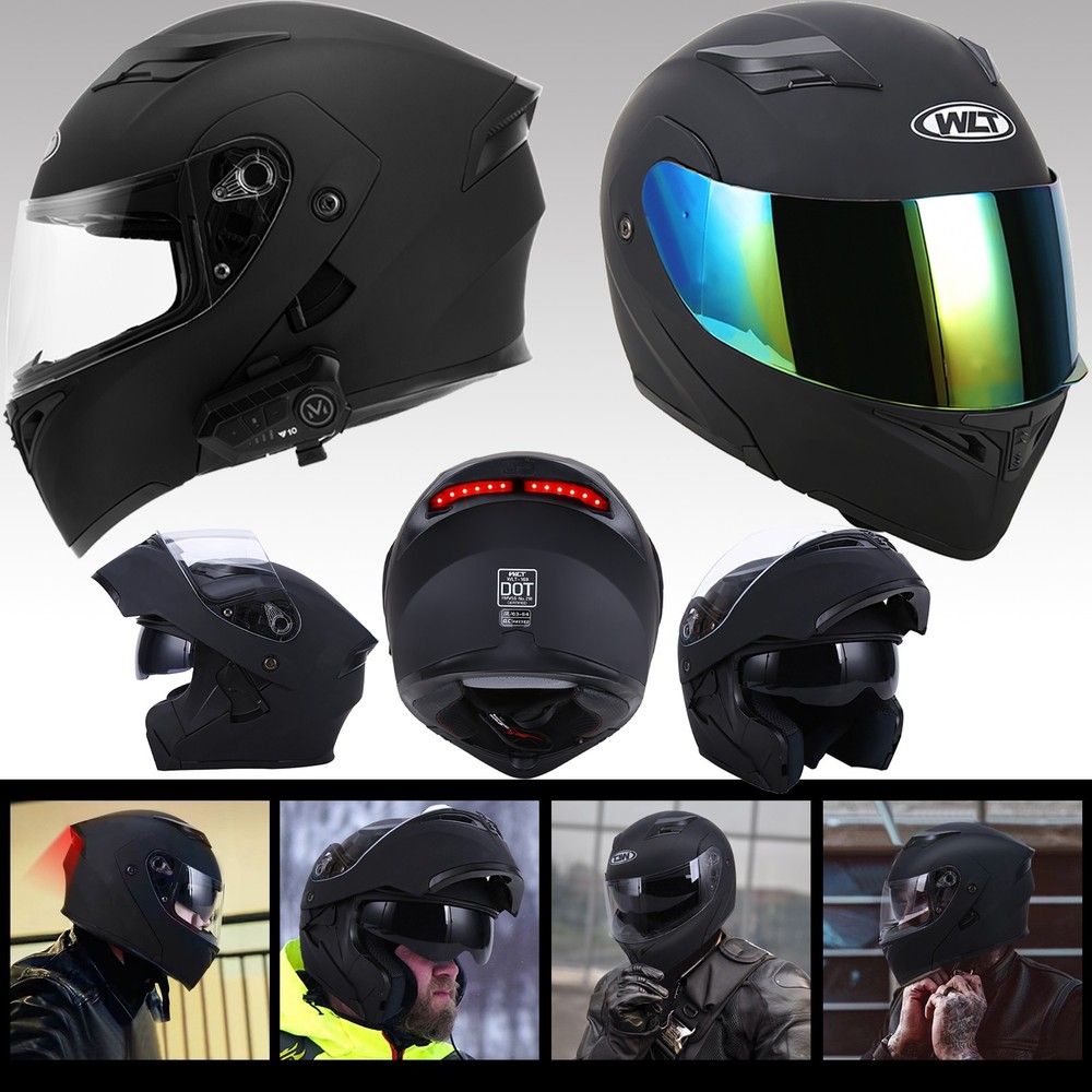 LED Dual Visors Flip Up Bluetooth Modular Full Motorcycle Helmet Intercom DOT