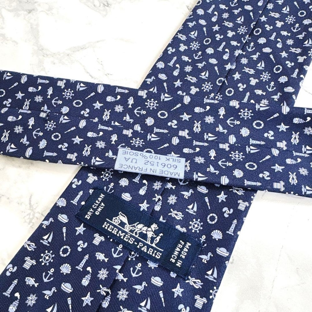 HERMES Tie Full Marine Monogram Pattern Navy Blue