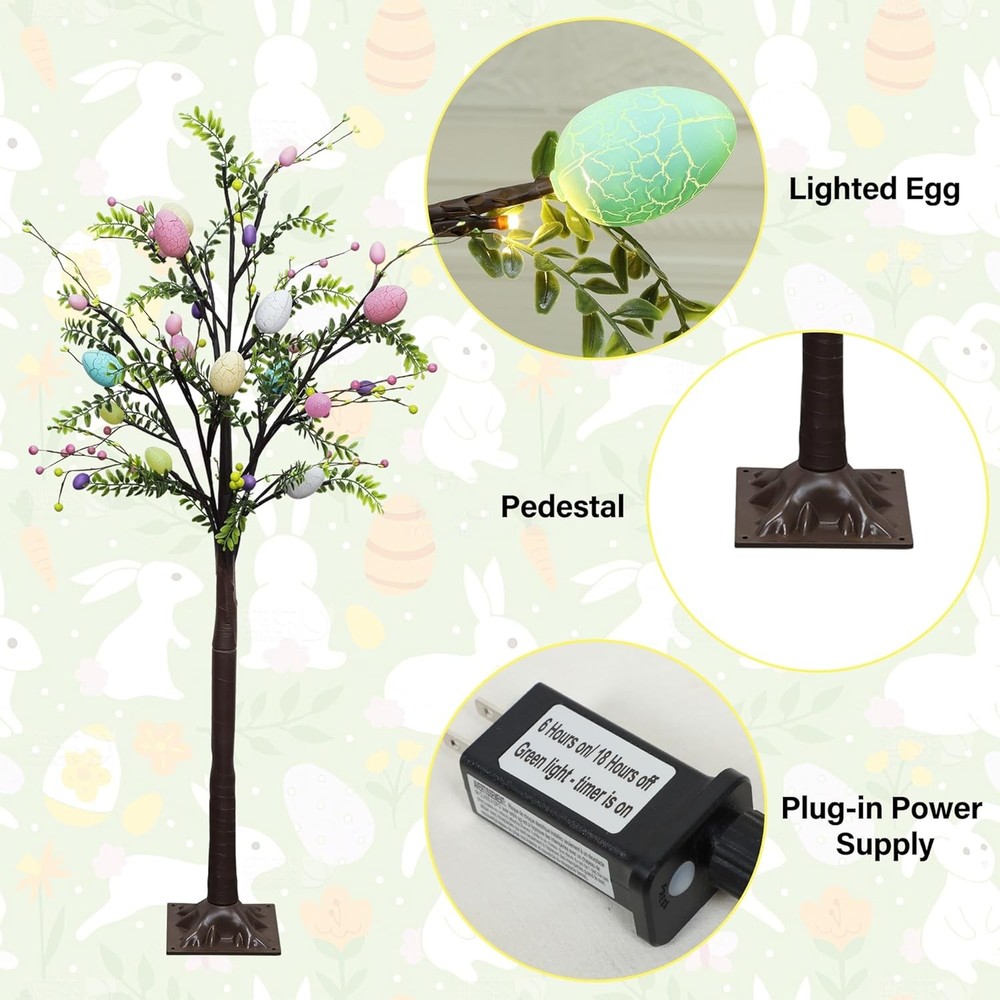 4FT Lighted Easter Tree with Timer, Pre-Lit Artificial Egg Trees with Co