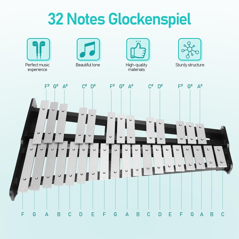32 Note Glockenspiel Xylophone Percussion Kit with Height Adjustable Stand, D...