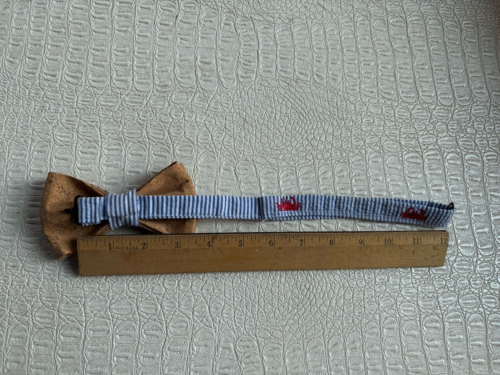 Genuine Cork Bow Tie Boys Embroidered Crab Nautical Seashore Blue White Stripe