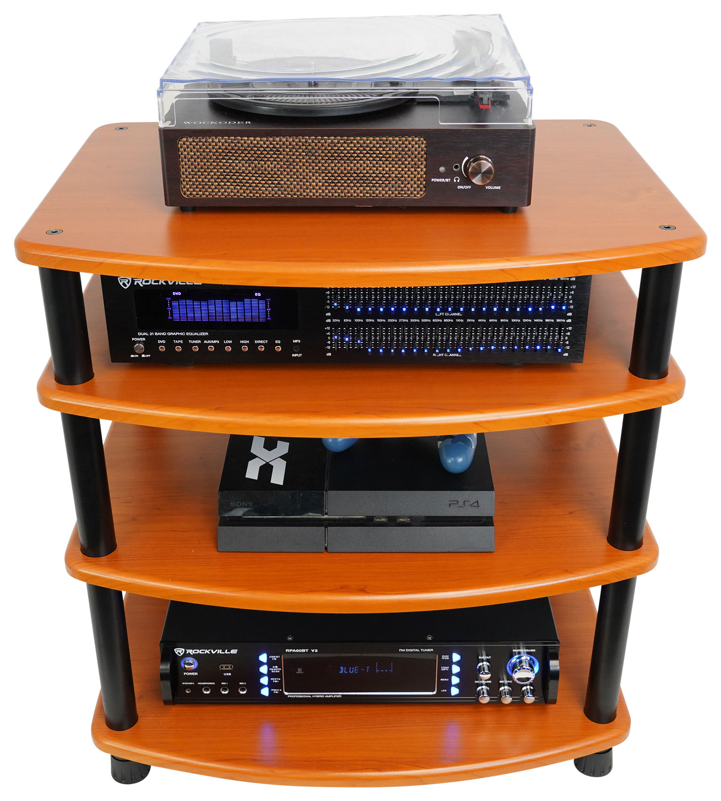 Rockville FLX Classic Wood Adjustable Height 4 Shelf Home Theater A/V Rack Stand