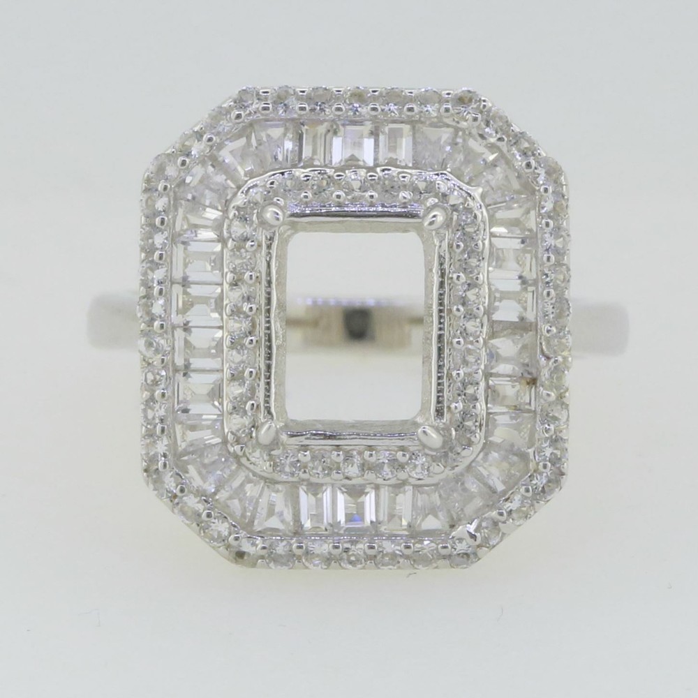 Sterling Silver Semi Mount Ring Setting Emerald OCT 9X7mm White Topaz