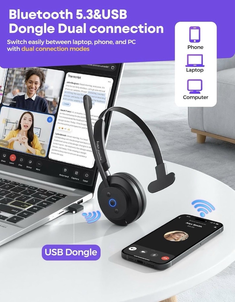 Rownfusny Wireless Headset with Mic for Work, Clear Sound ＆ Comfortable Compu...